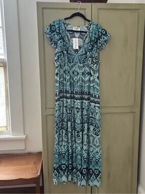 NWT ROCOCO SANDS SILK FLUTTER SLEEVE MAXI DRESS SZ S